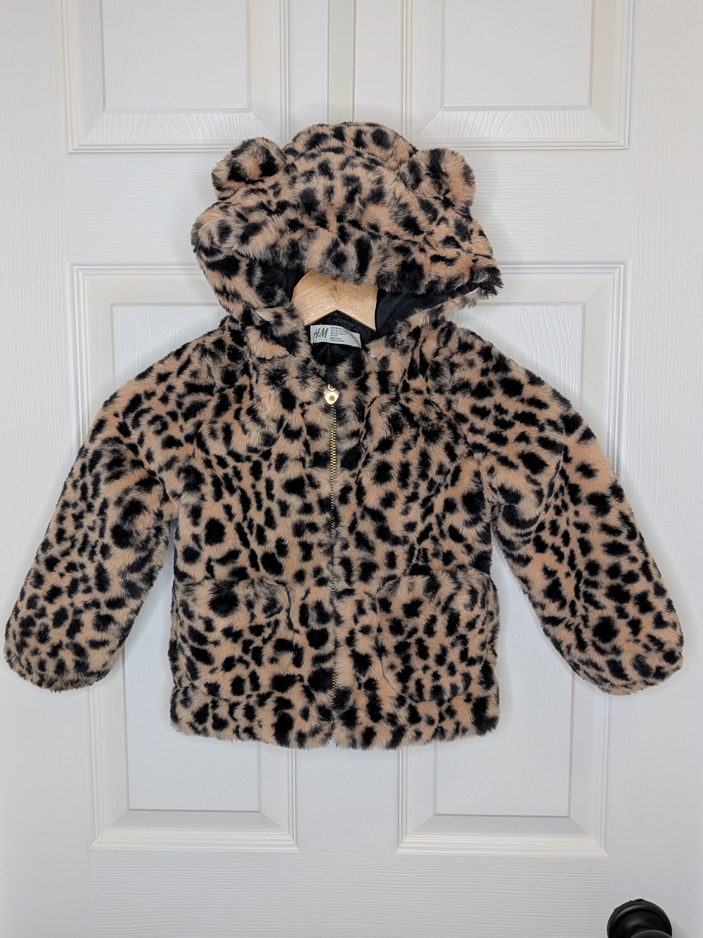 NWOT H&M Girls Faux Fur Leopard Print Jacket Hood With Ears Beige Black Sz 3/4T
